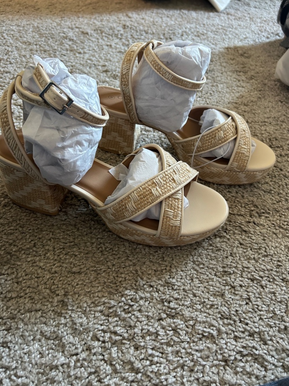 Beige Woven Platform Block Heel Sandals with Ankle Strap